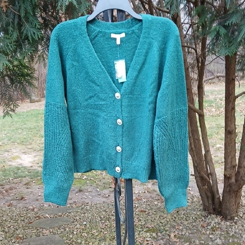 MAURICES GREEN HOLIDAY CARDIGAN rhinestone buttons Sz S.  NWT